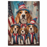 Beagle Mom and Three Puppies in Star-Spangled Outfits and Hats – Patriotic Dog Family Oil Painting Wall Art on Ready to Hang 1.5" Thick Canvas Wrap, Floating Framed Canvas, Flat Rolled Canvas